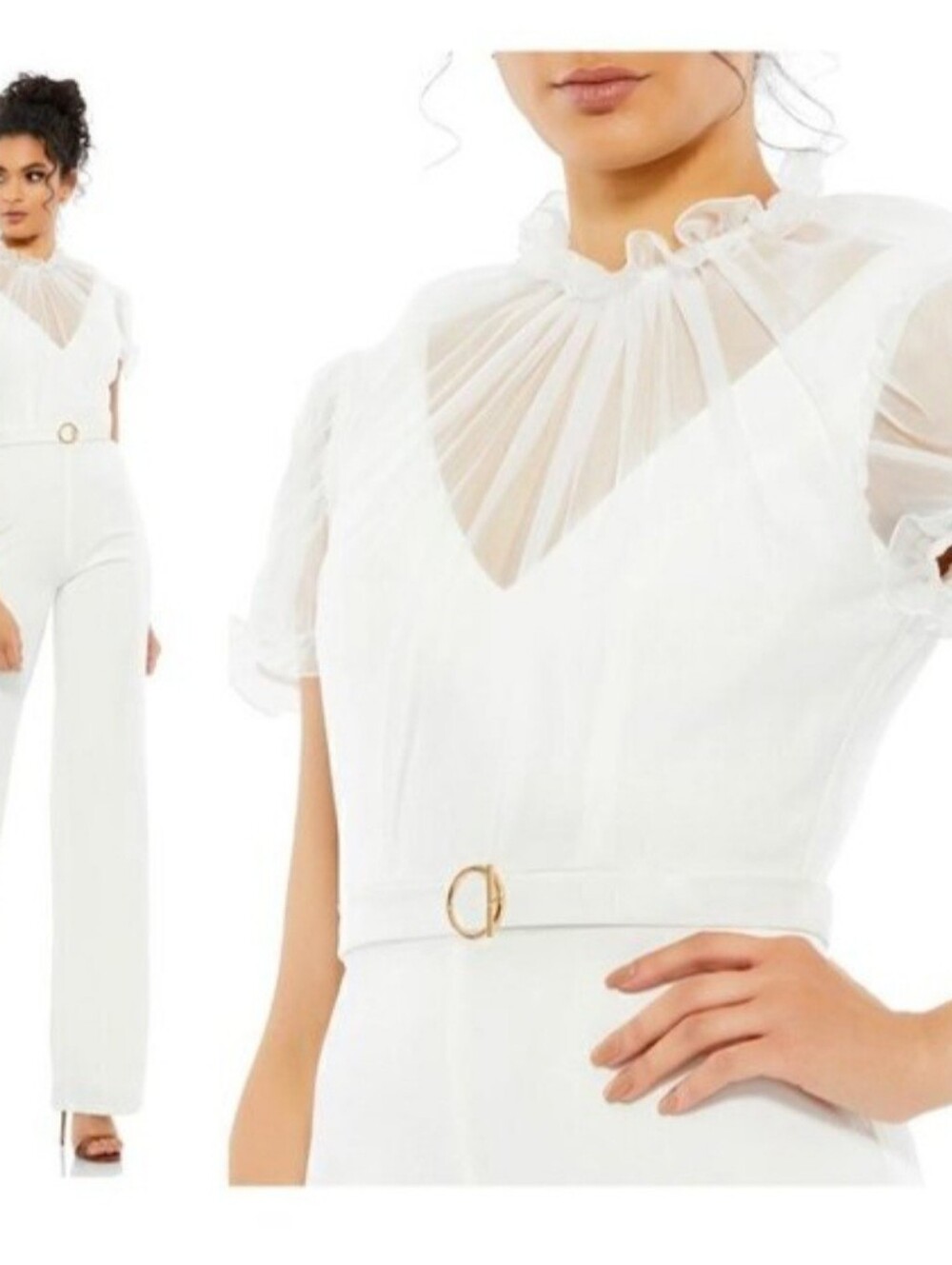 White Sheer-Neck Belted Jumpsuit